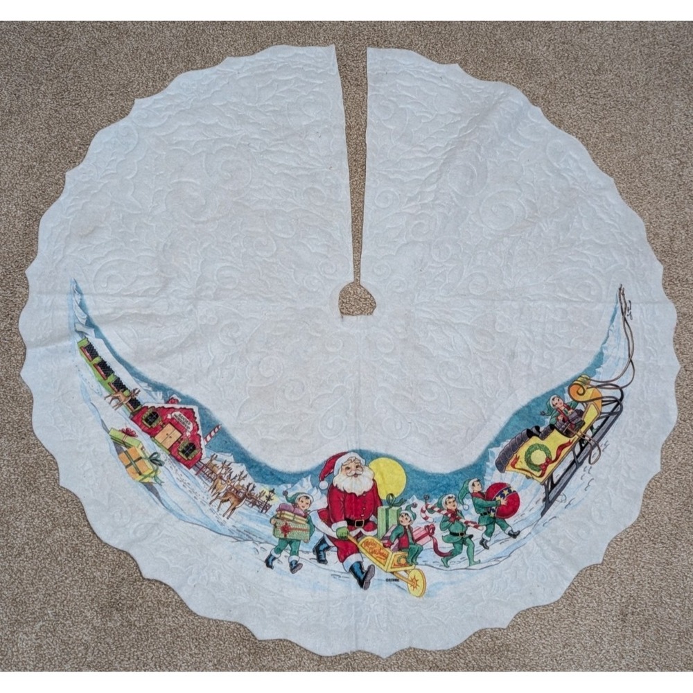 Vintage Christmas Tree Skirt Santa Elves White Felt 34" Rennoc Sleigh 80s 90s‎